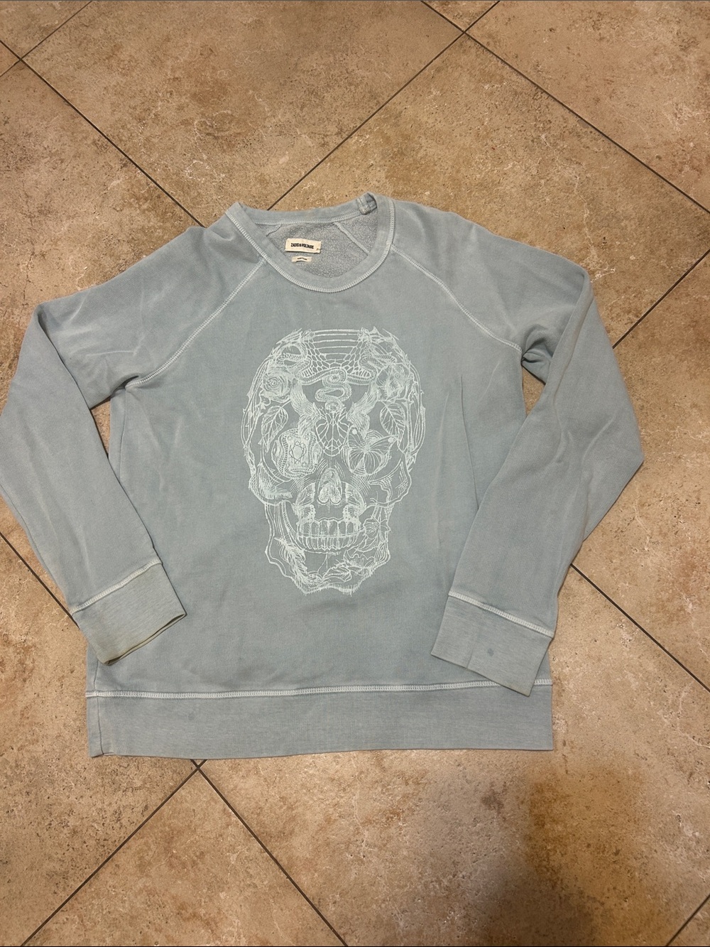 Zadig & Voltaire Pale Blue Skull Graphic Crewneck Sweater. Sz L